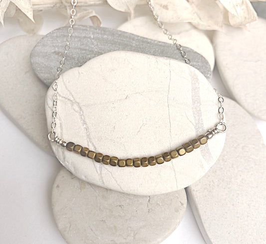 Beaded Bar Necklace-Gold Hematite