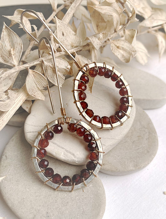 Circle Earrings w/ hand tied garnet stones-SS