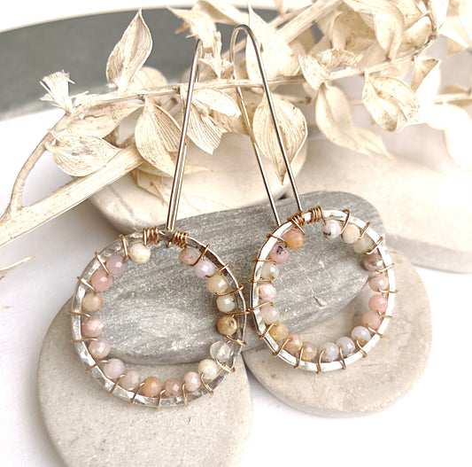 Circle Earrings w/ hand tied pink opals-SS